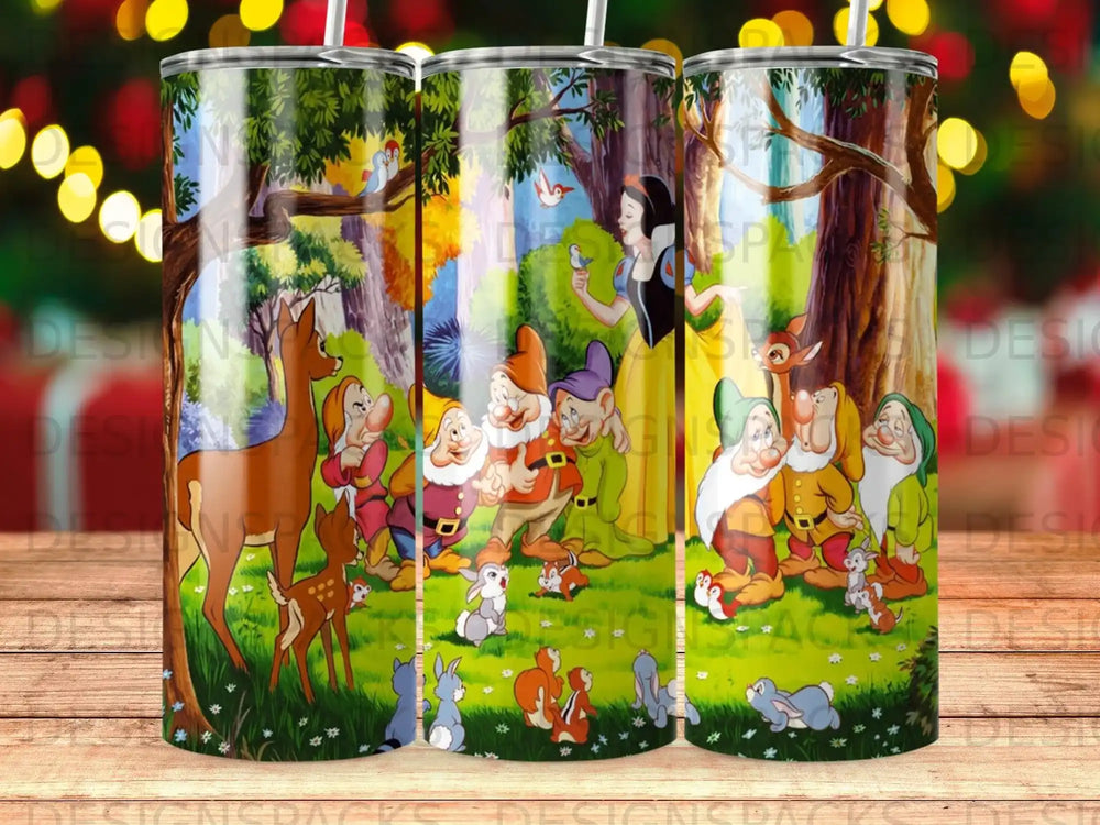 Snow White and seven dwarves with forest animals in a woodland setting.