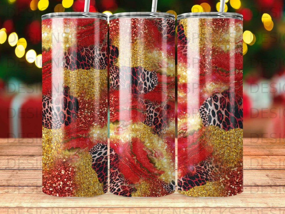 Three tumblers with red, gold glitter, and leopard print design.