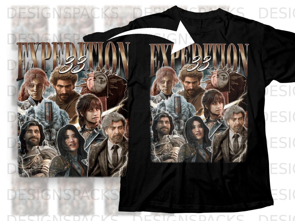 Expedition 33 graphic with multiple characters on a black t-shirt.