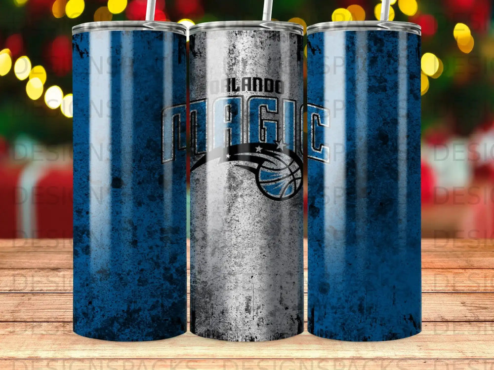 Orlando Magic basketball team logo on distressed blue and white tumbler.