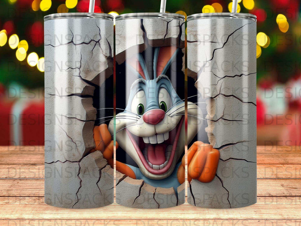 Cartoon rabbit with wide grin breaking through a cracked wall.