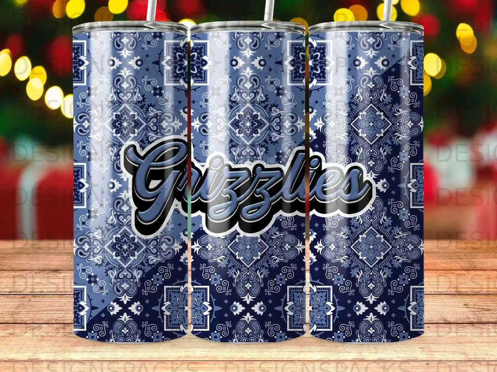 Blue bandana pattern tumbler with "Grizzlies" text.