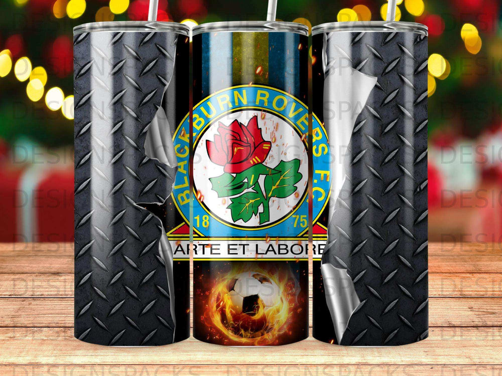 Blackburn Rovers FC crest with "Arte et Labore" and a fiery soccer ball.