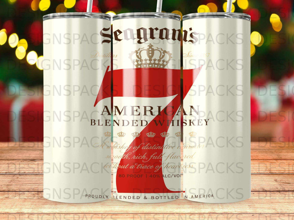 Seagram's American Blended Whiskey tumbler with red, white, and gold design.