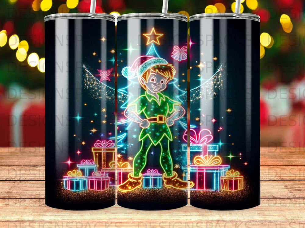 Peter Pan in neon outline surrounded by gifts and Christmas lights.
