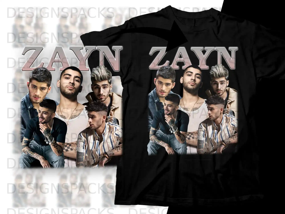 Zayn Malik portrait collage on black t-shirt.