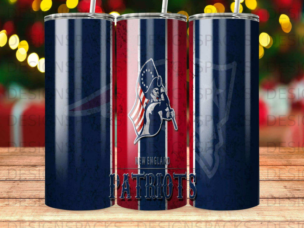 New England Patriots logo on navy blue tumbler with red and white stripes.