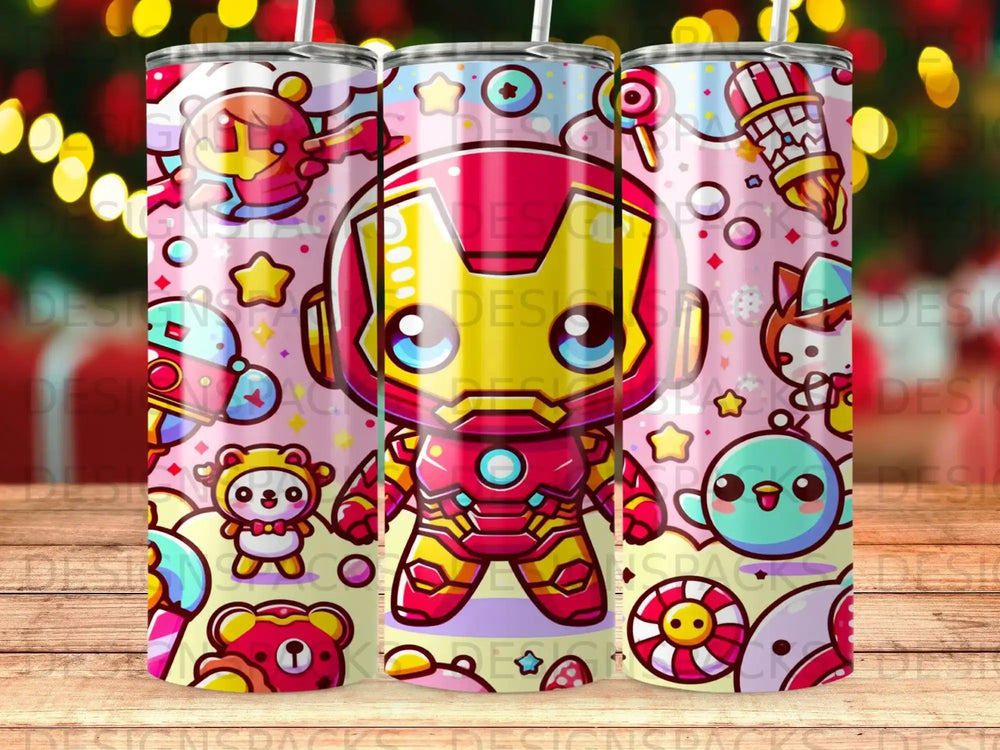 Kawaii Iron Man character on a pink background with toys and sweets.