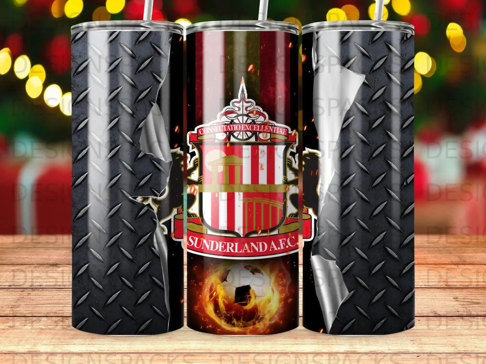 Sunderland AFC crest on a tumbler with a diamond plate and flame design.
