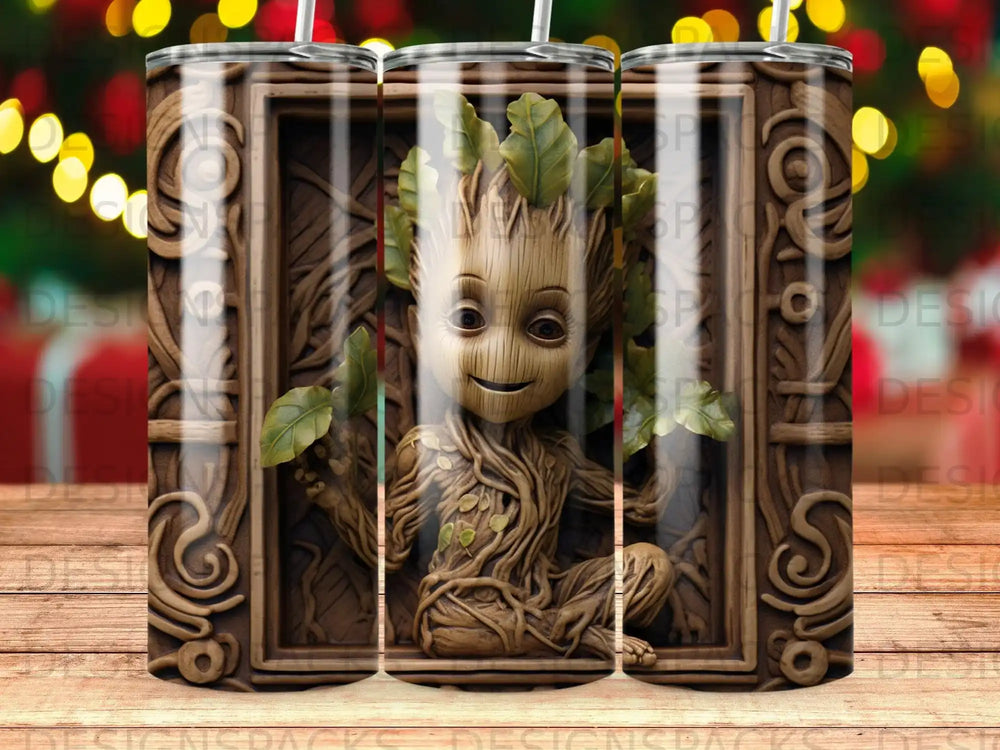 Groot character with leaves, framed in wood grain, on a tumbler.