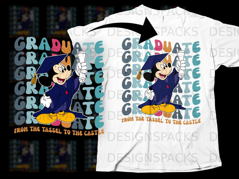 Mickey Mouse graduate holding diploma with "GRADUATE" text and "FROM THE TASSEL TO THE CASTLE".