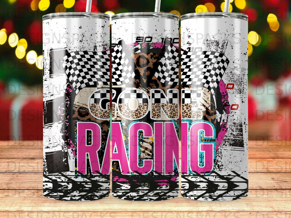 Tumbler with checkered flags, leopard print, and "Gone Racing" text.
