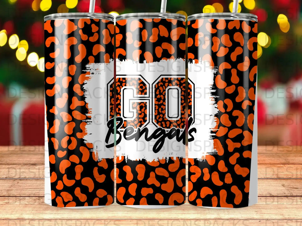 Tumbler with orange, black leopard print and "GO Bengals" text.