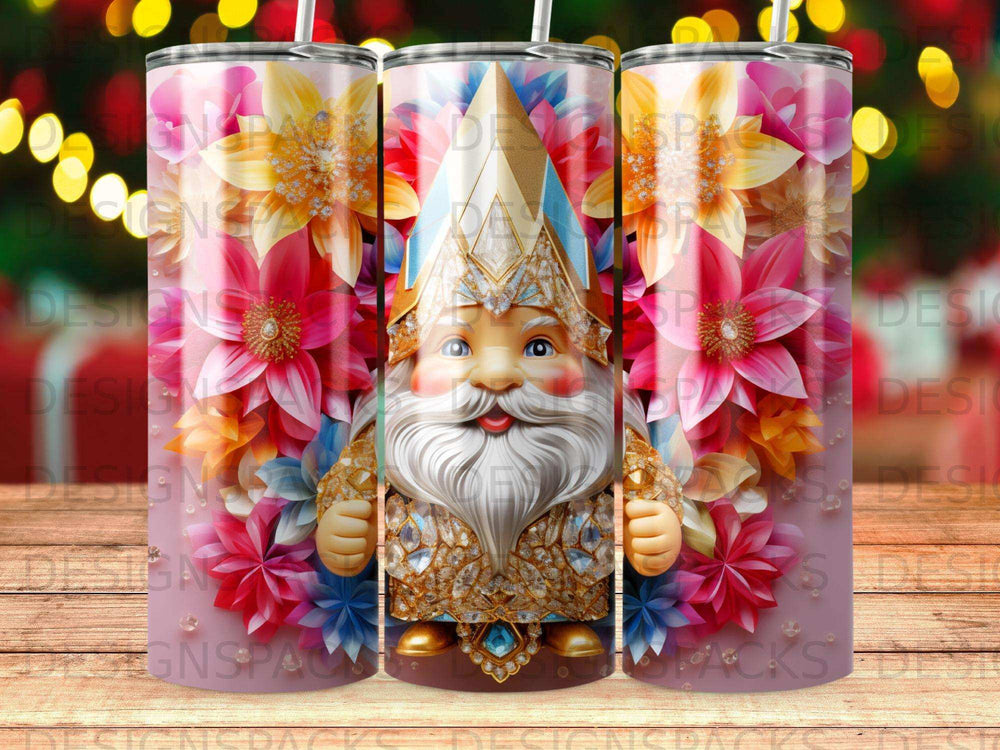 Gnome with jeweled crown and colorful floral background on a tumbler.