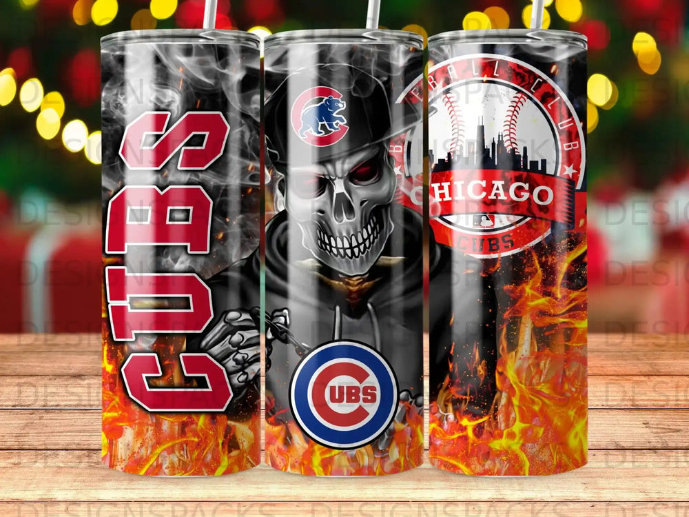 Chicago Cubs tumbler with skull graphic and flames.