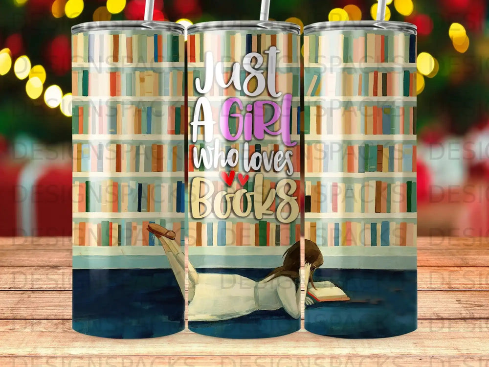 Girl reading a book in front of a bookshelf, tumbler design.