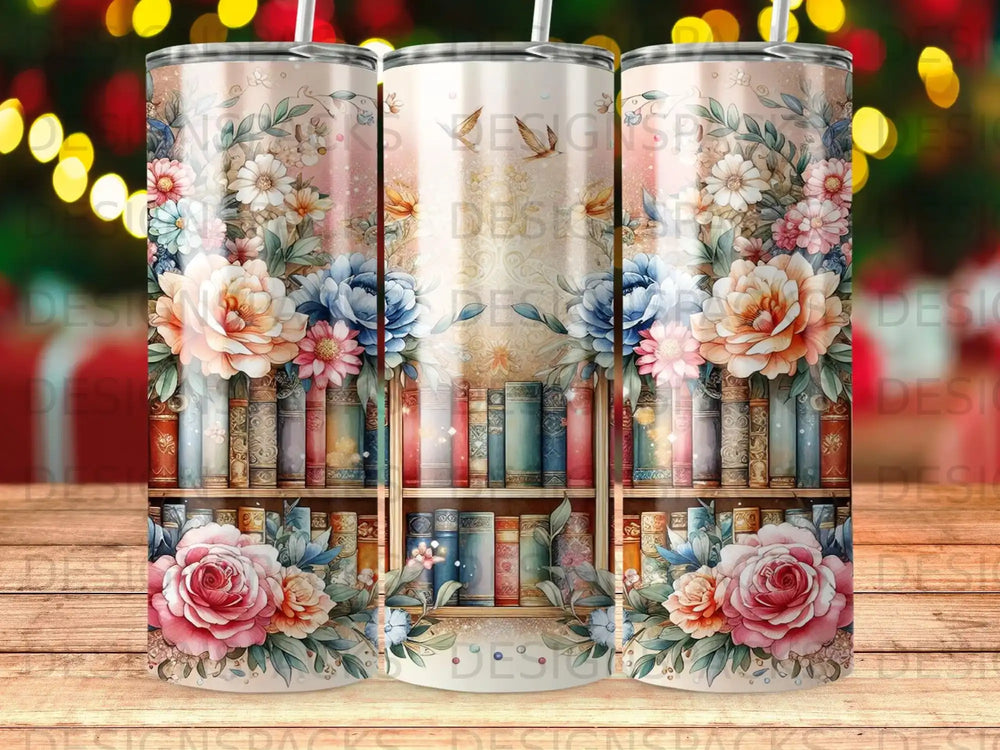 Floral books tumbler with a vintage bookshelf and a watercolor floral design.