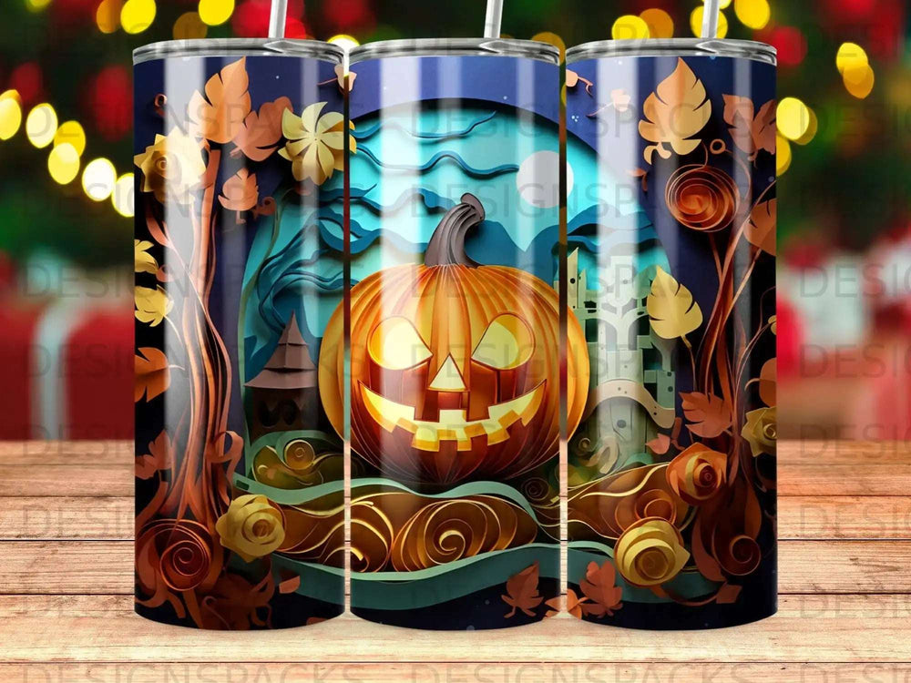 Halloween tumbler with Jack-o'-lantern, moon, trees, and autumn leaves.