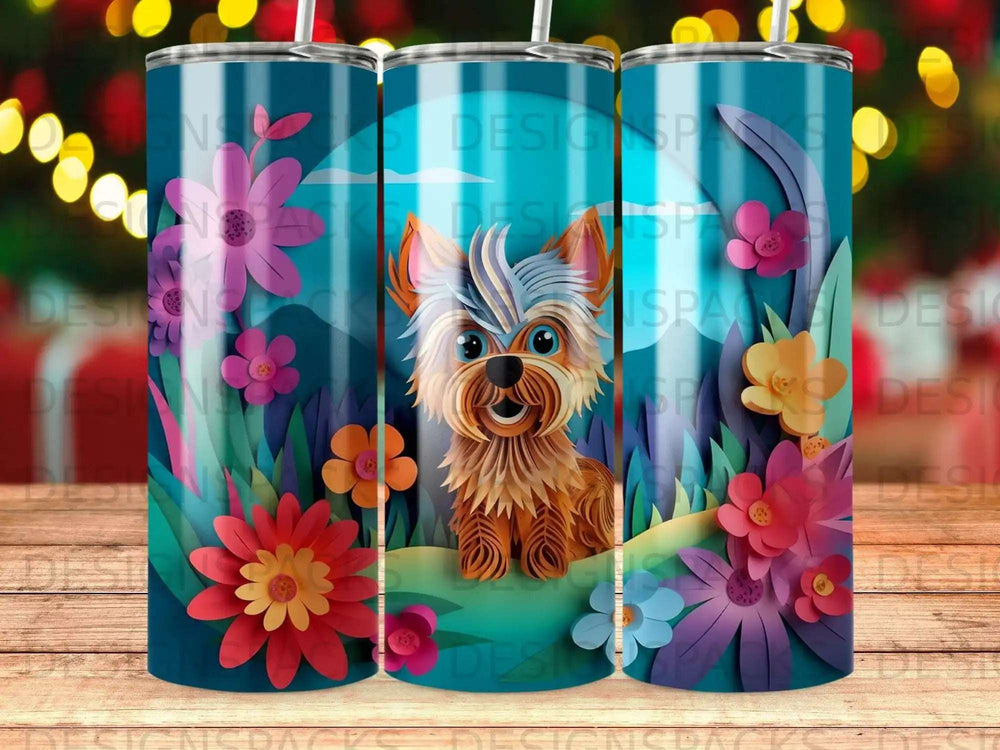 Yorkshire Terrier in a stylized floral landscape with moon.