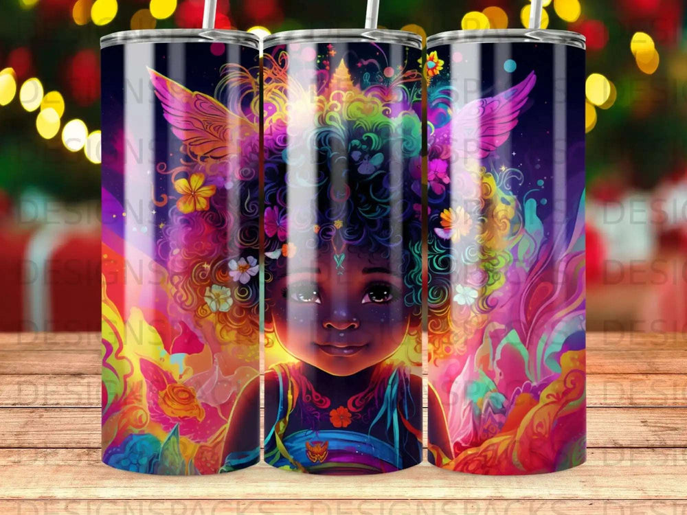 Young girl with colorful wings and floral crown, against a vibrant, swirling background.