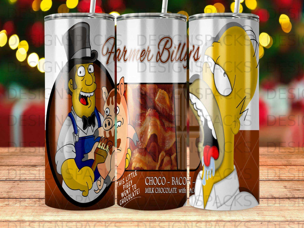 Farmer Billy's Choco-Baco chocolate milk drink with piggy and bacon cartoon.