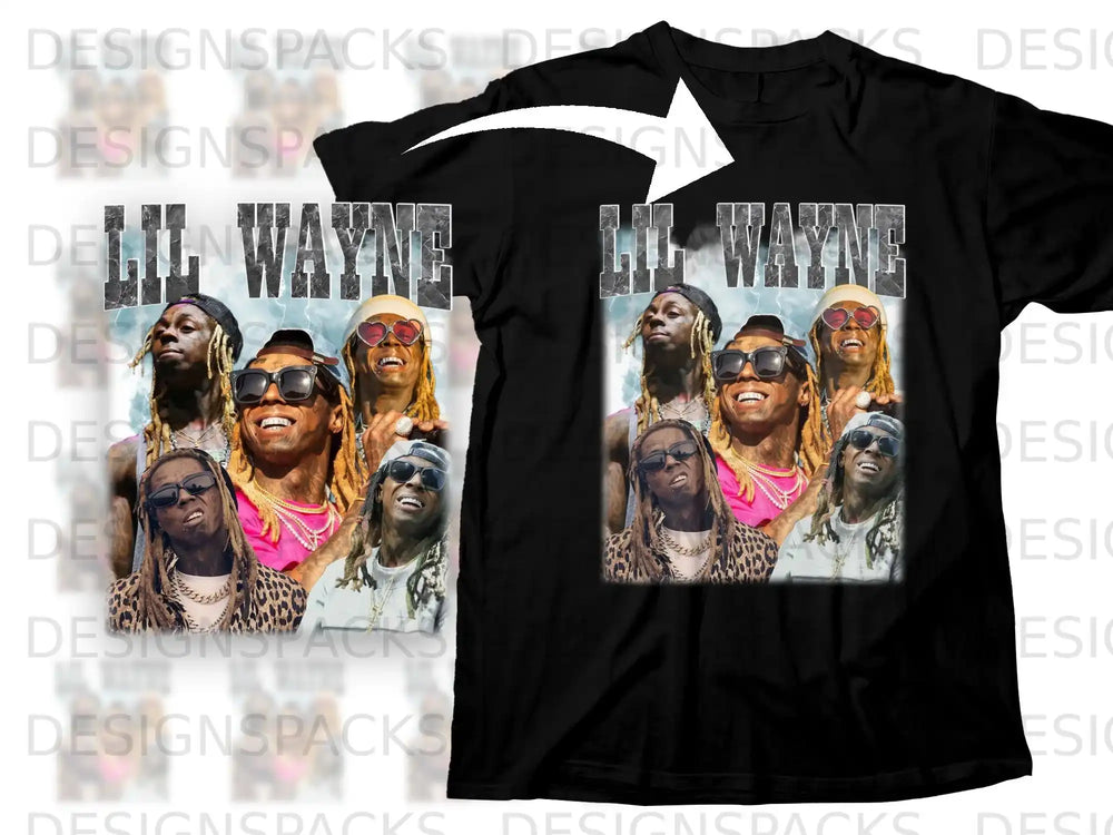 Lil Wayne collage graphic on a black t-shirt.