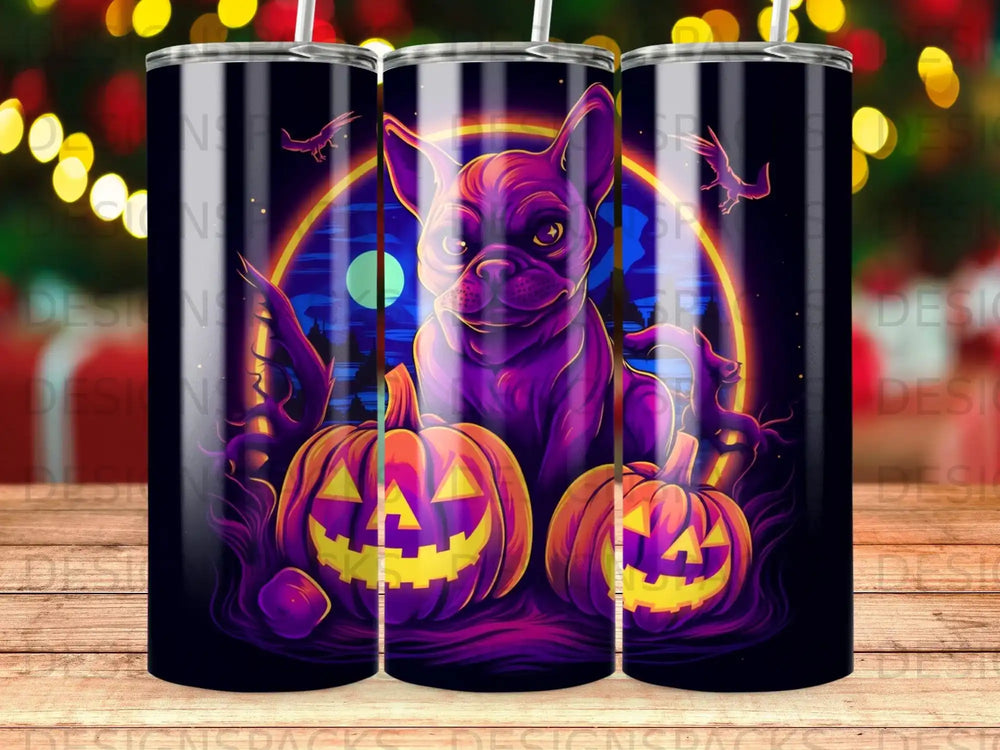 French bulldog with jack-o'-lanterns and moon.