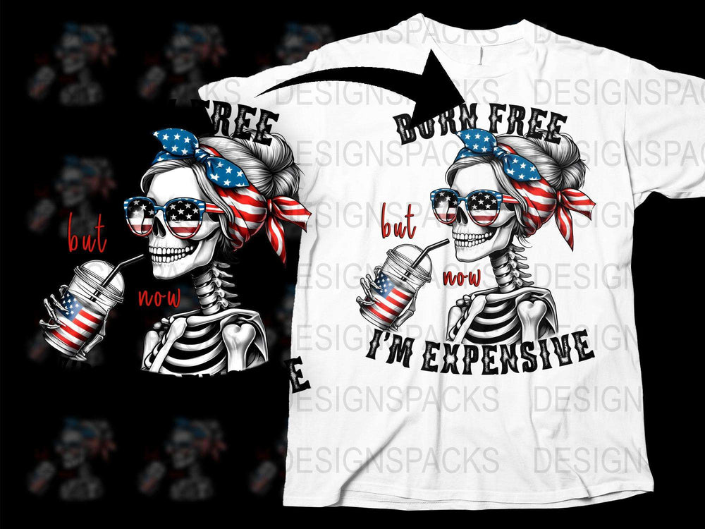 Patriotic Skull T-Shirt, American Flag Bandana, Red Glasses, Born Free Graphic Tee, Unique Independence Day Apparel