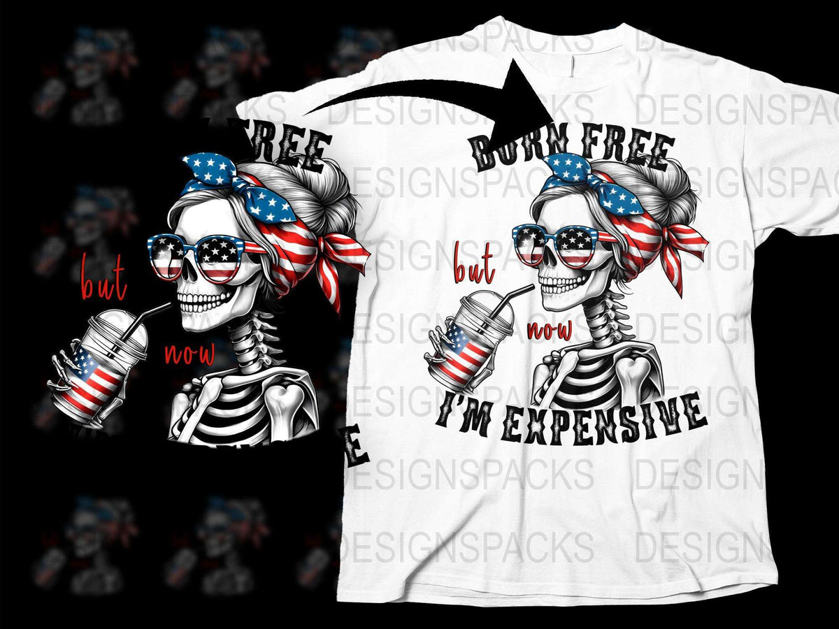 Patriotic Skull T-Shirt, American Flag Bandana, Red Glasses, Born Free Graphic Tee, Unique Independence Day Apparel