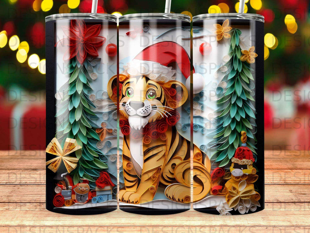Christmas tiger wearing a Santa hat, surrounded by festive decorations.
