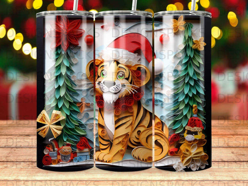 Christmas tiger wearing a Santa hat, surrounded by festive decorations.