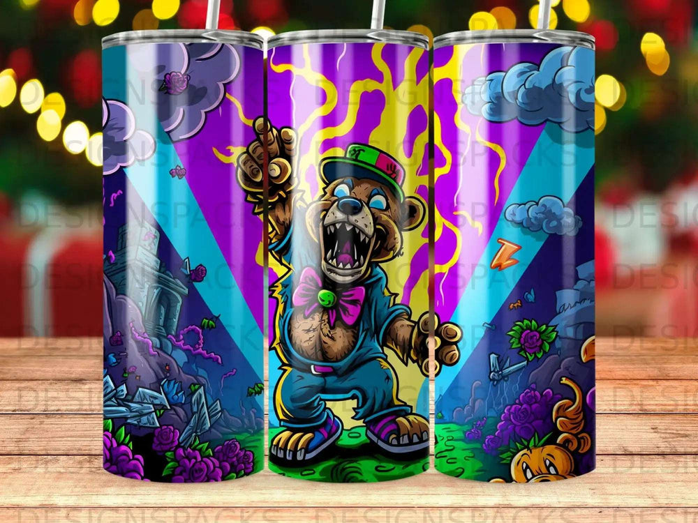Bear in a hat and bowtie, pointing with a lightning bolt background.