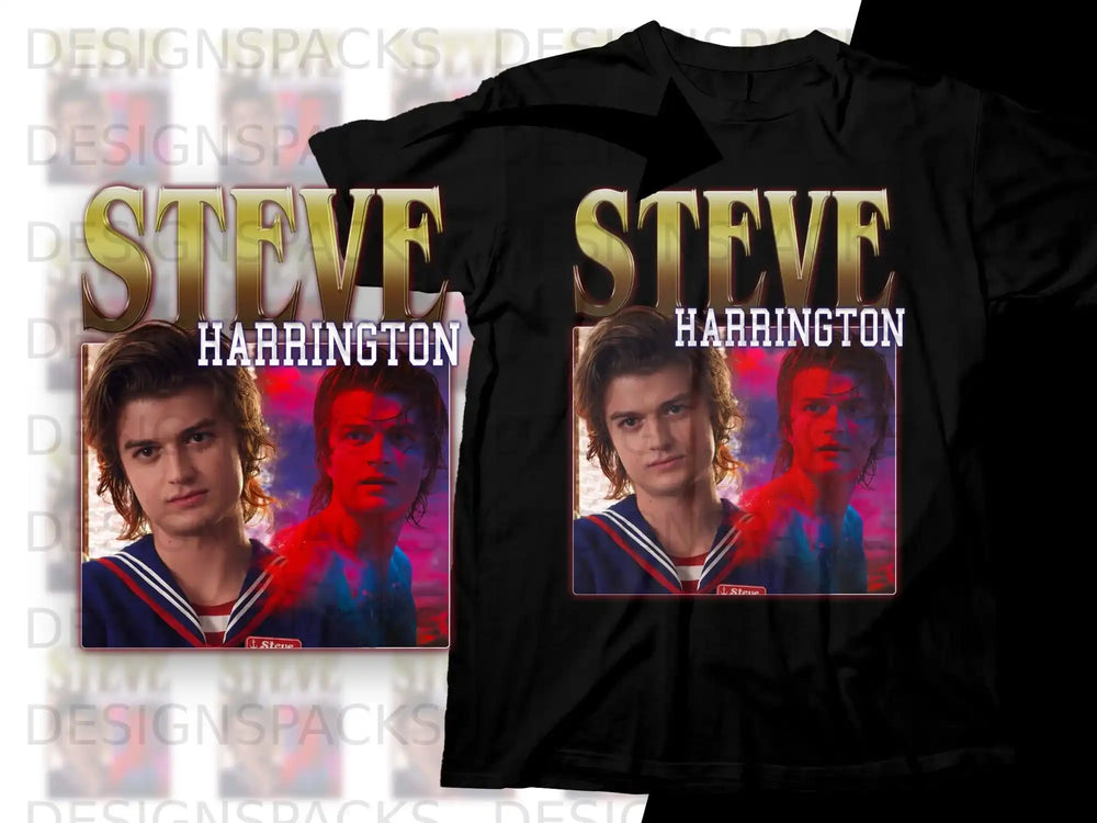 Black t-shirt featuring Steve Harrington's portrait and name.
