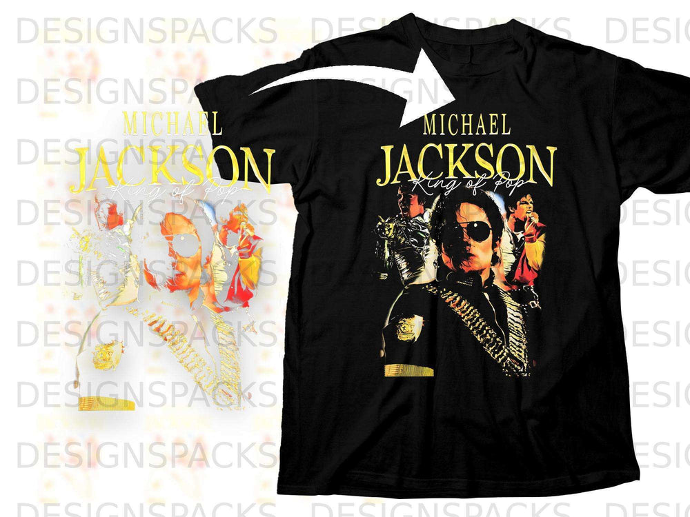 Black t-shirt with Michael Jackson "King of Pop" graphic and multiple images of him.