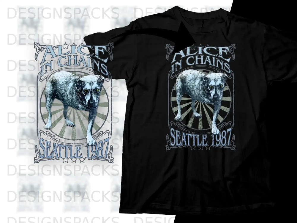 Alice in Chains Seattle 1987 graphic on black t-shirt.