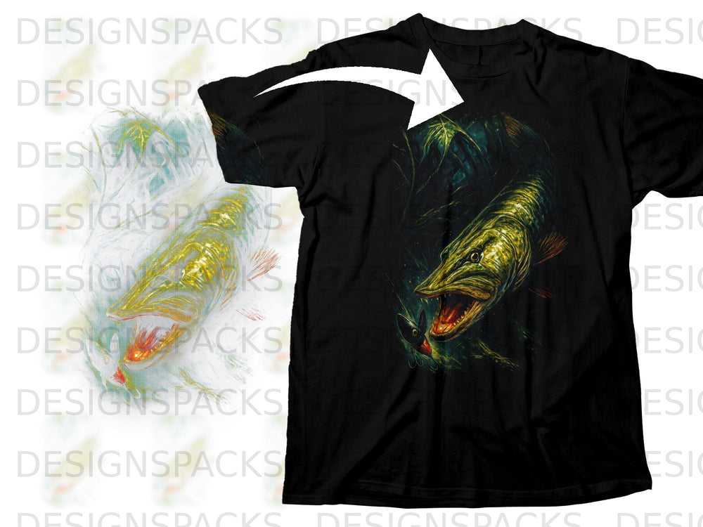 Black t-shirt with a realistic graphic of a pike attacking a lure.