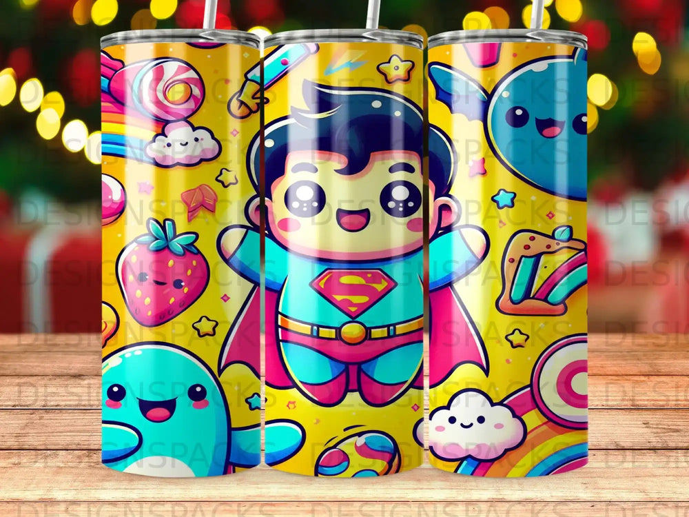 Cartoon superhero boy with rainbow and cloud pattern on a yellow background.