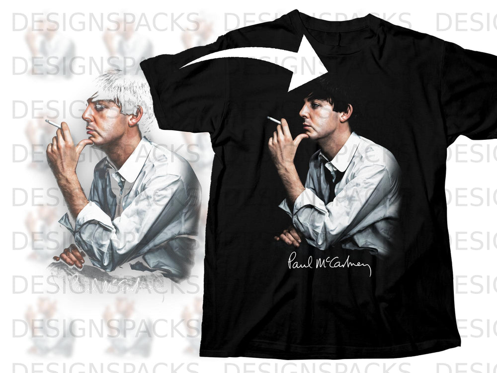 Black t-shirt featuring Paul McCartney smoking, with his signature.
