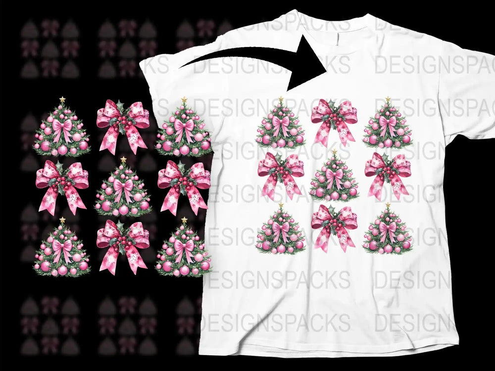 Festive Christmas Tree T-Shirt, Women's Holiday Tee with Pink Bows, Casual Winter Apparel, Xmas Gift Idea