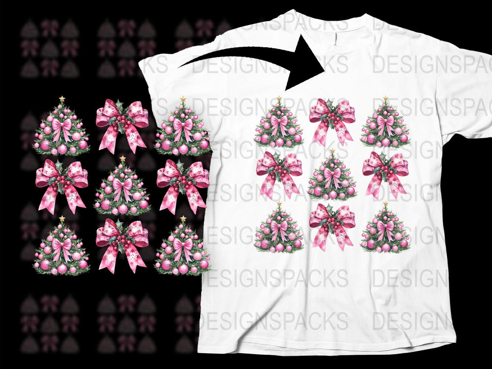 Festive Christmas Tree T-Shirt, Women's Holiday Tee with Pink Bows, Casual Winter Apparel, Xmas Gift Idea
