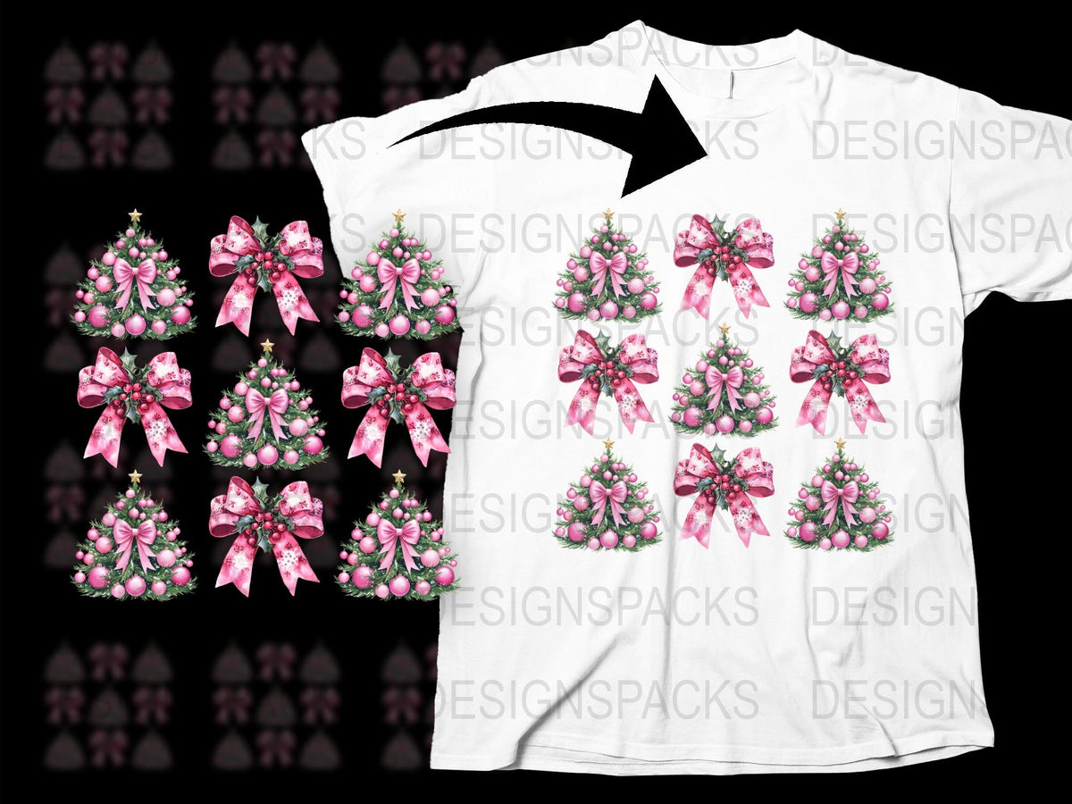Festive Christmas Tree T-Shirt, Women's Holiday Tee with Pink Bows, Casual Winter Apparel, Xmas Gift Idea