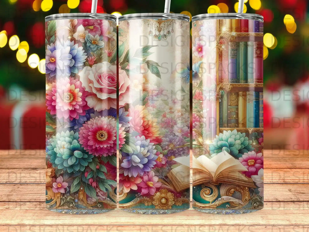 Floral and book design on three tumblers.