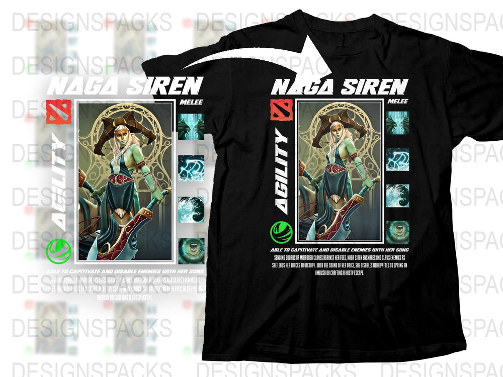 Naga Siren Dota 2 Graphic T-Shirt, Black Gaming Tee, Geek Apparel, eSports Merchandise, Fantasy Character Design, Unisex Clothing