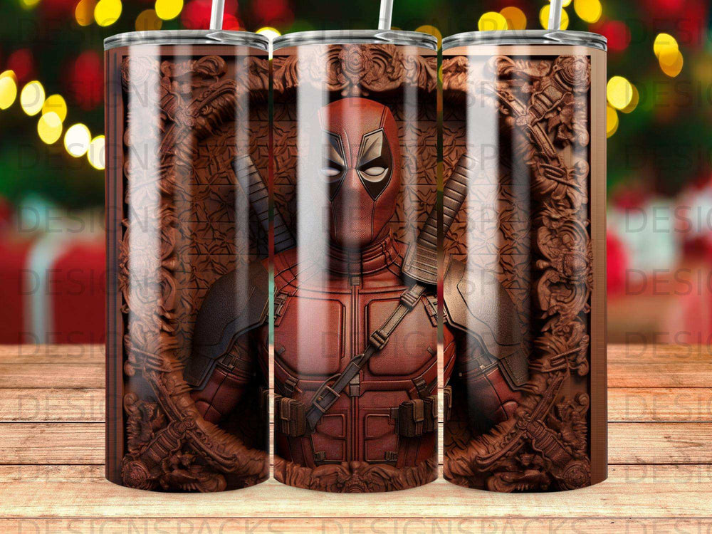 Deadpool portrait on a tumbler, framed by ornate swirling designs.