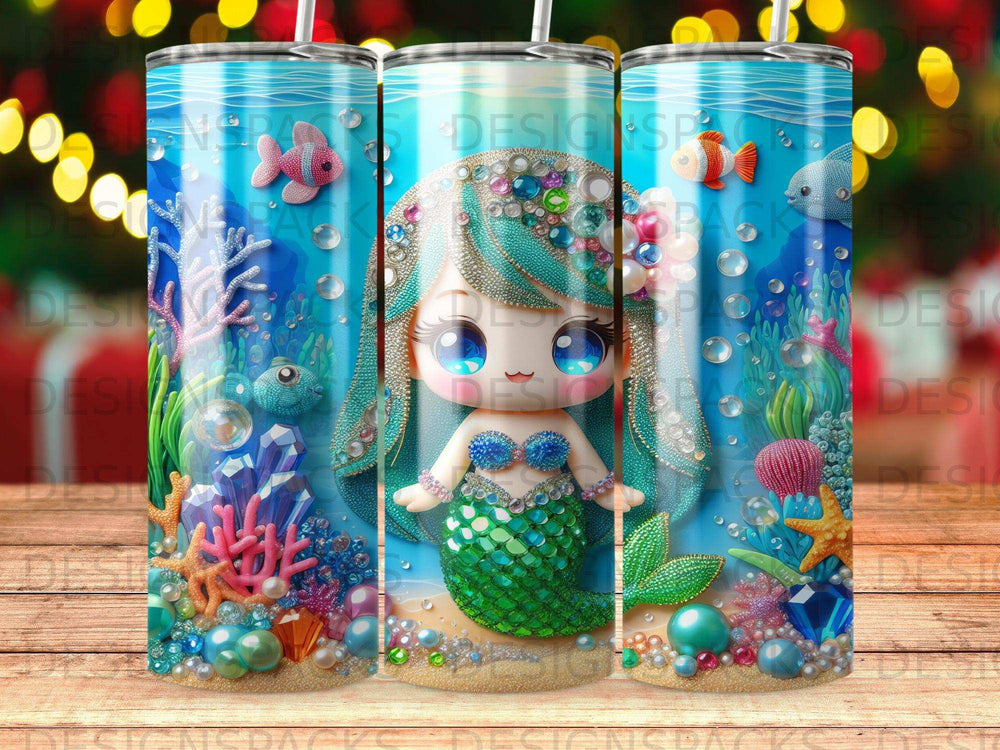 Cute mermaid with blue hair and jeweled bikini on ocean floor.