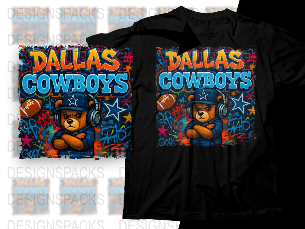 Dallas Cowboys T-Shirt, Vibrant Graffiti Art, Urban Street Style, Bear and Football Design, Bold Colors, Trendy Sports Apparel