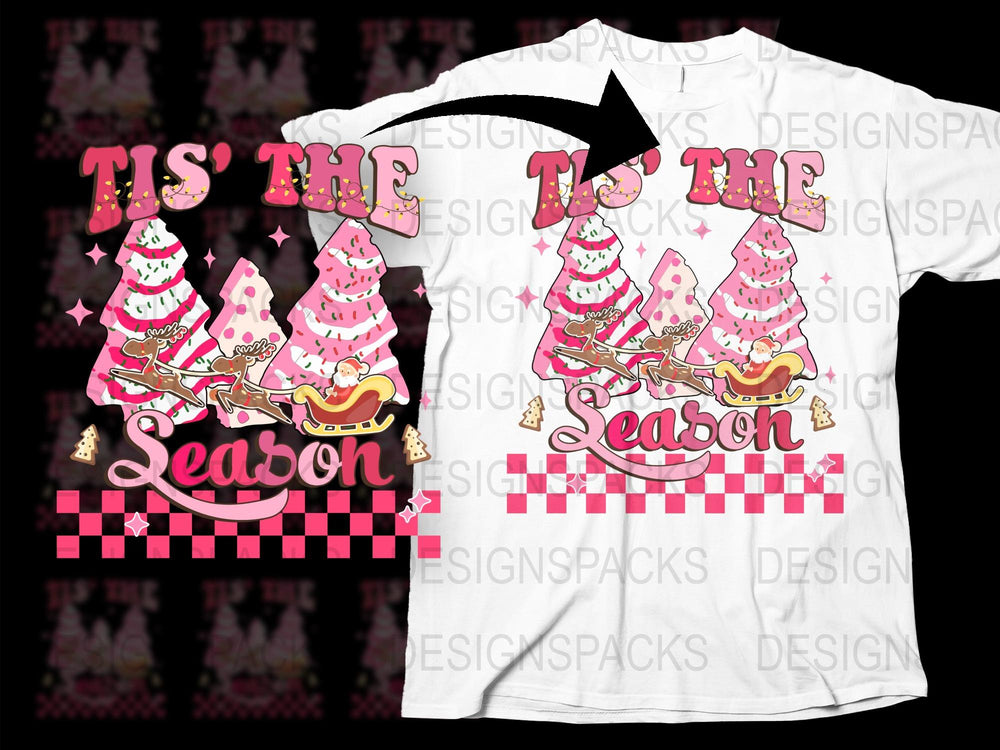 Tis' The Season Christmas Tree Graphic T-Shirt, Festive Holiday Pink Tee, Unisex Winter Apparel