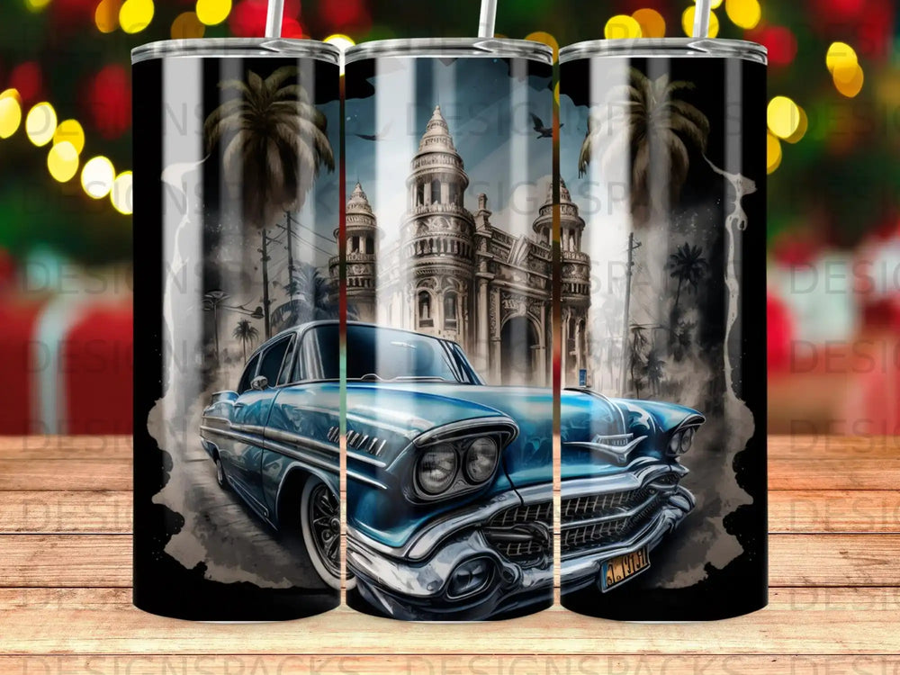 Blue vintage car with ornate building and palm trees, nighttime scene.