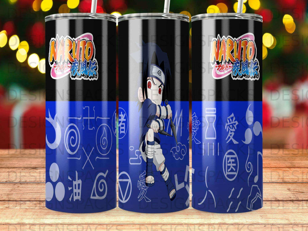 Naruto Uzumaki character and Japanese symbols on a black and blue tumbler.