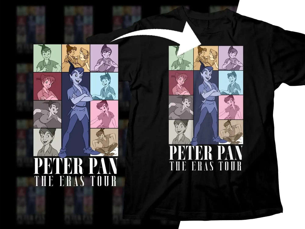 Peter Pan The Eras Tour t-shirt design with colorful character panels and bold text